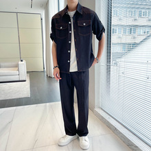 夏季薄款软牛仔衬衫套装男士2024新款韩版短袖衬衣休闲长裤两件套