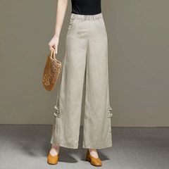 棉麻阔腿裤女夏薄款宽松大码胖妈妈女裤休闲高腰直筒亚麻九分裤潮