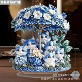 跨境新品亚克力可爱水晶猫雕像带伞时尚桌面装饰多功能主题摆件