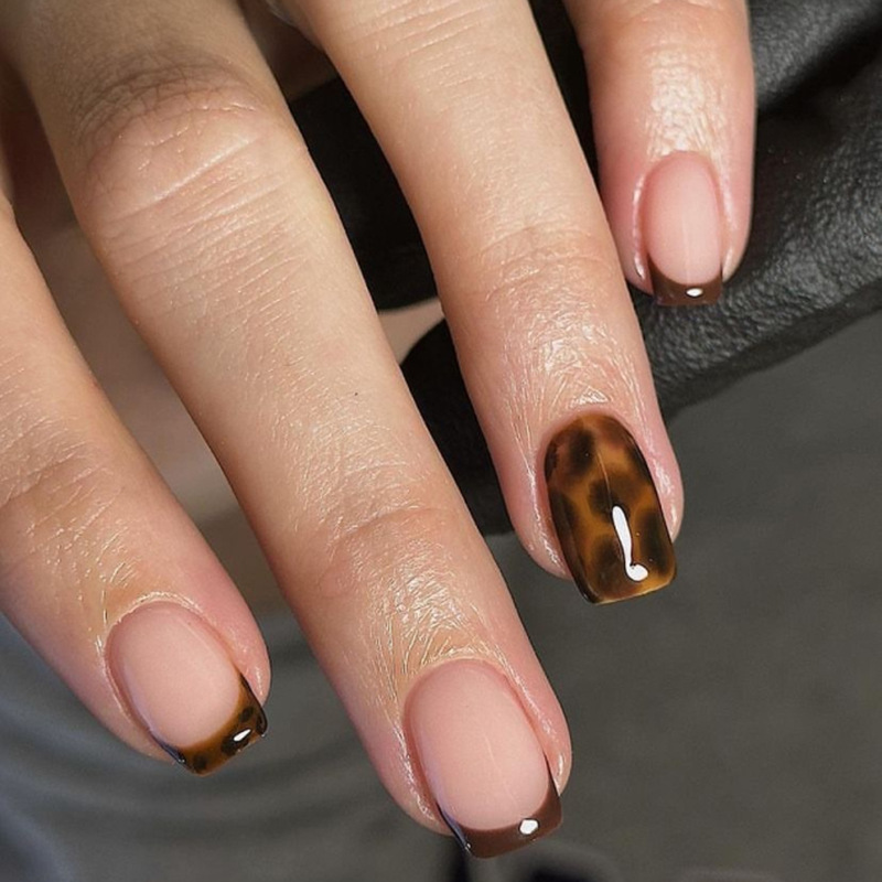 Autumn Tortoiseshell Smudged Wearable Nails French Brown Manicure Fake Nails Press on Nails