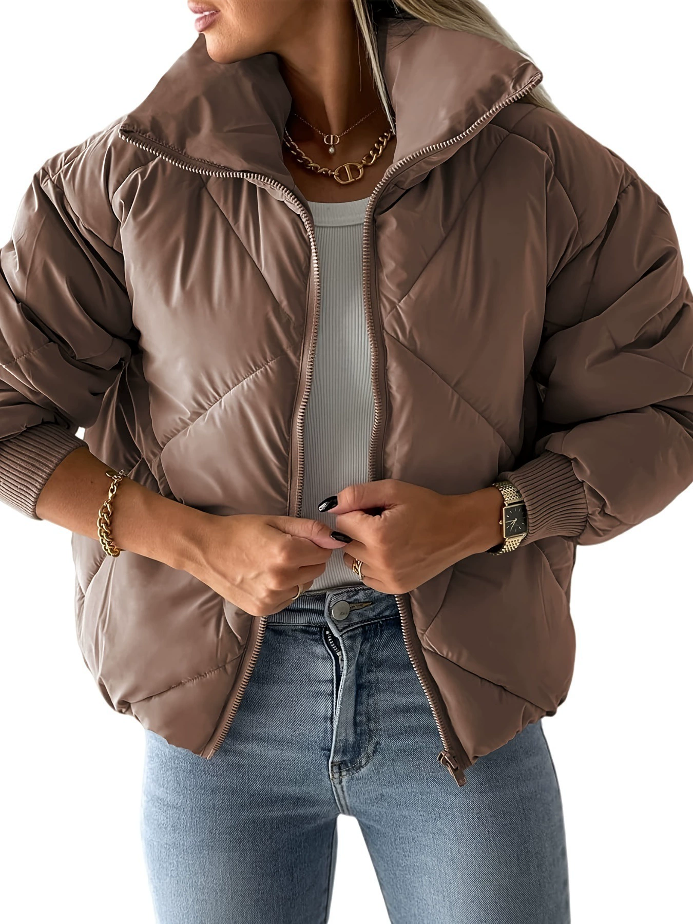 Women's Quilted Cropped Puffer Jacket Lightweight Warm Full