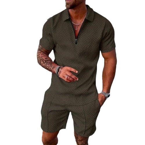 2024 Cross-border European and American Men's Clothing New Independent Store Supply Leisure Polo Zip-up Collar Short-Sleeve Solid Color Set