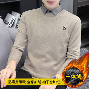 2025 autumn and winter new fake two-piece sweater men's long sleeve fleece-lined padded shirt one velvet sweater for foreign trade