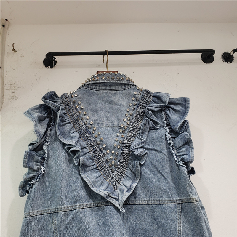 Estación Europea 2023 otoño nueva industria pesada con cuentas de diamantes sueltas Denim adelgazar Chaleco de todo fósforo marca de moda transfronteriza femenina image 4