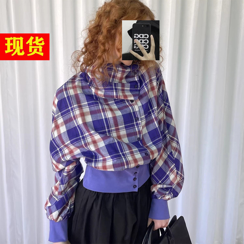 Loosesmell Purple Plaid Pleated Collar Long-Sleeve Shirt Jacket for Women, Versatile Slim-Fit Short Top Loosesmell Purple Plaid Pleated Collar Long-Sleeve Shirt Jacket for Women, Versatile Slim-Fit Short Top