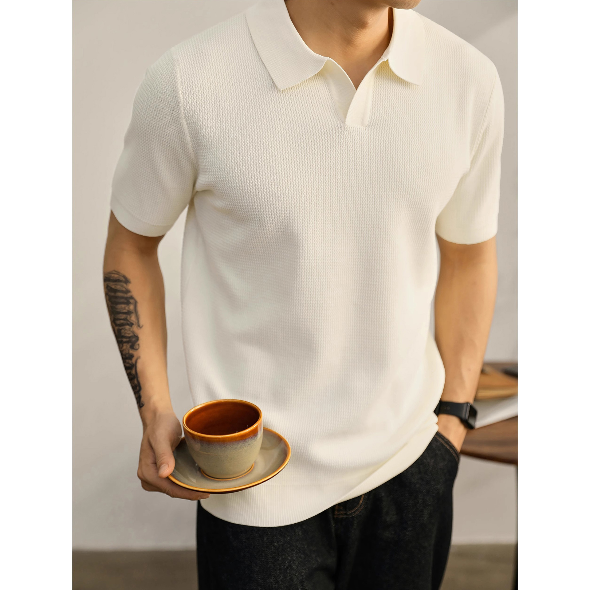 Camisa POLO suéter de manga corta con cuello en V para hombre, cuello de gaviota delgado, camiseta de verano de seda de hielo de negocios británicos, comercio exterior, venta al por mayor transfronteriza