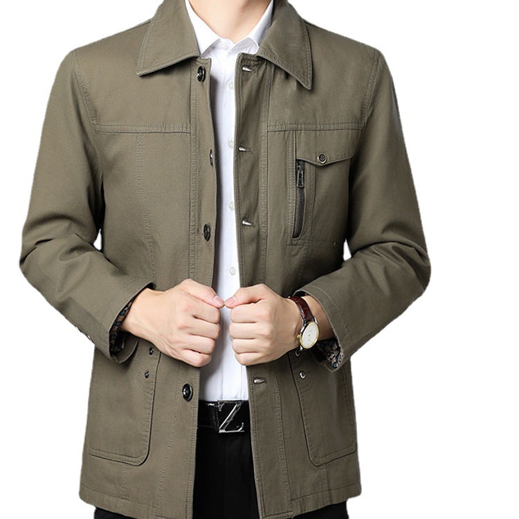 Middle-Aged and Elderly Men's Jackets, Dad's Button-Down Lapel Coat, Pure Cotton Top, Loose Fit, Spring and Autumn Men's Jacket