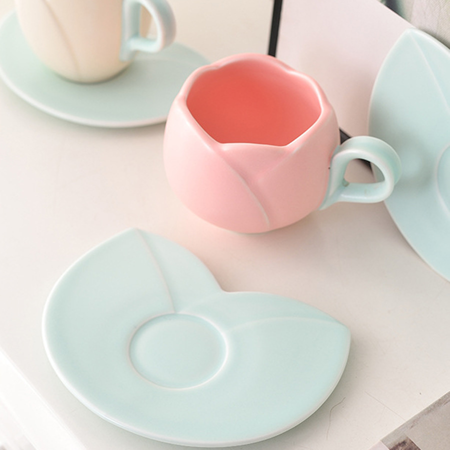 Tulip Flower Ceramic Coffee Cup And Saucer Set For Home Cafe_voghion.com