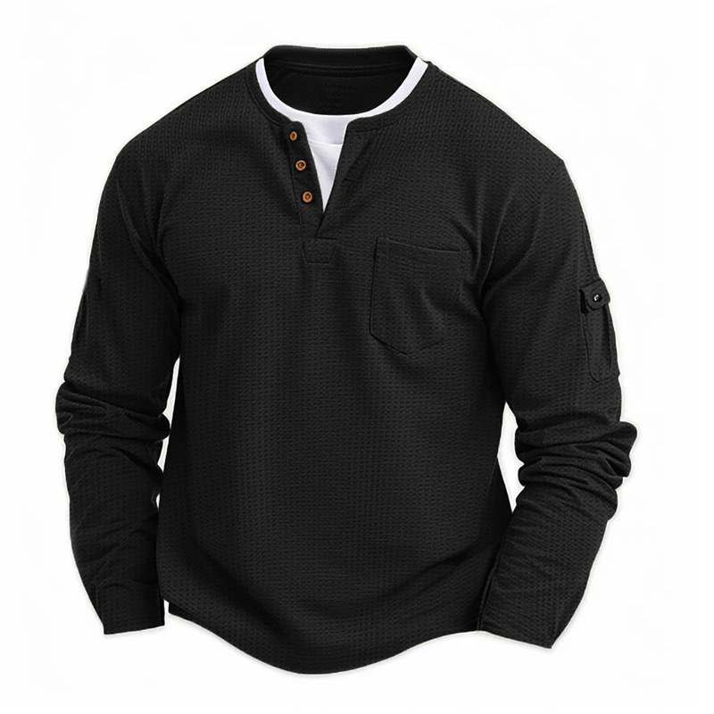 Summer men's long-sleeve T-shirt, casual sports round-neck fake two-piece trendy brand men's spring henley shirt Summer men's long-sleeve T-shirt, casual sports round-neck fake two-piece trendy brand men's spring henley shirt