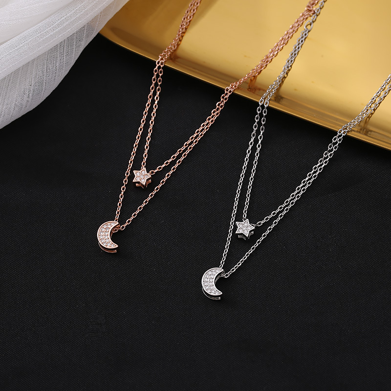 Double Star Moon Necklace White Gold