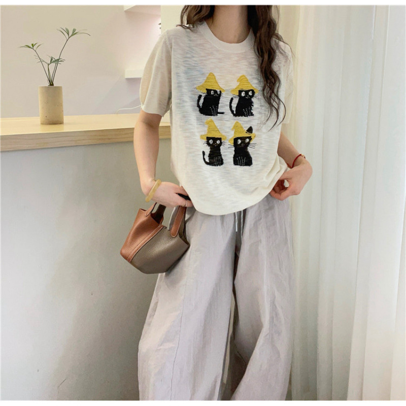 2025 新猫刺繍ラウンドネック半袖 Tシャツ女性の夏のアイスシルクスリムニットカジュアルルーズトップ|undefined