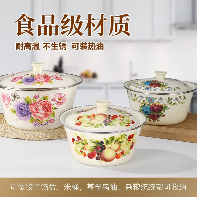 蓋付きの厚みのあるエナメルボウル、昔ながらのレトロなエナメルボウル、食品グレードの家庭用キッチンラード餃子フィリングボウル|undefined