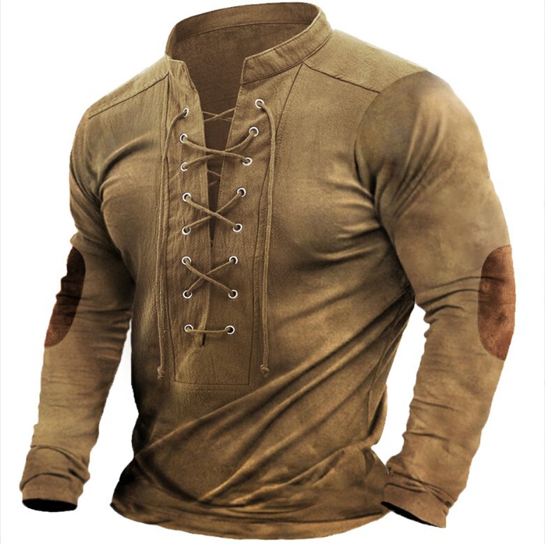 2025 European and American New Men's T-Shirt with Lace-Up Print, Long-Sleeved Men's T-Shirt, Retro Casual Sports T-Shirt Top 2025 European and American New Men's T-Shirt with Lace-Up Print, Long-Sleeved Men's T-Shirt, Retro Casual Sports T-Shirt Top