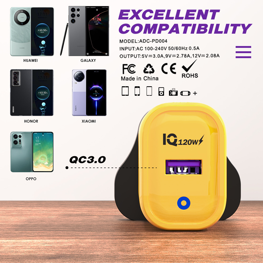 Cargador de protocolo completo USB único para teléfono móvil de 120W, cabezal de carga rápida estándar europeo y americano, puerto USB-A, adaptador para electrodomésticos pequeños