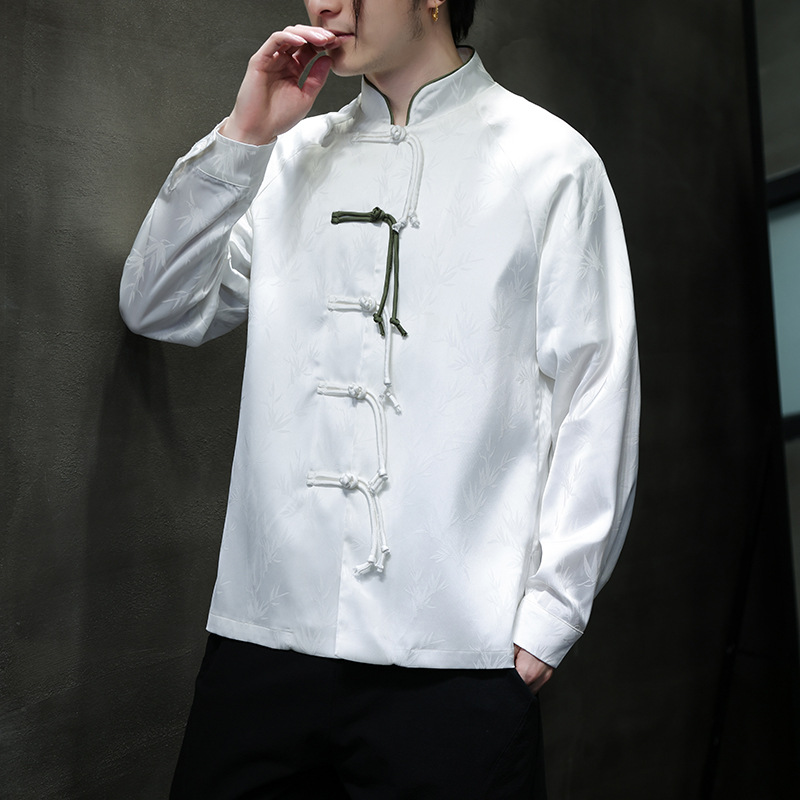 Black Hole Scenery Spring/Summer New Product Chinese Style Bamboo Leaf Silk Jacquard Long sleeved Shirt Button Standing_vogarts.com