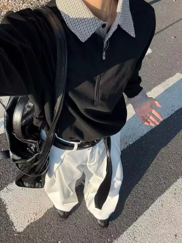 Houndstooth Fake Two-Piece Polo Collar Sweatshirt Men's Autum Half-Zip Stitching Contrasting Lapel Pure Cotton Loose Top