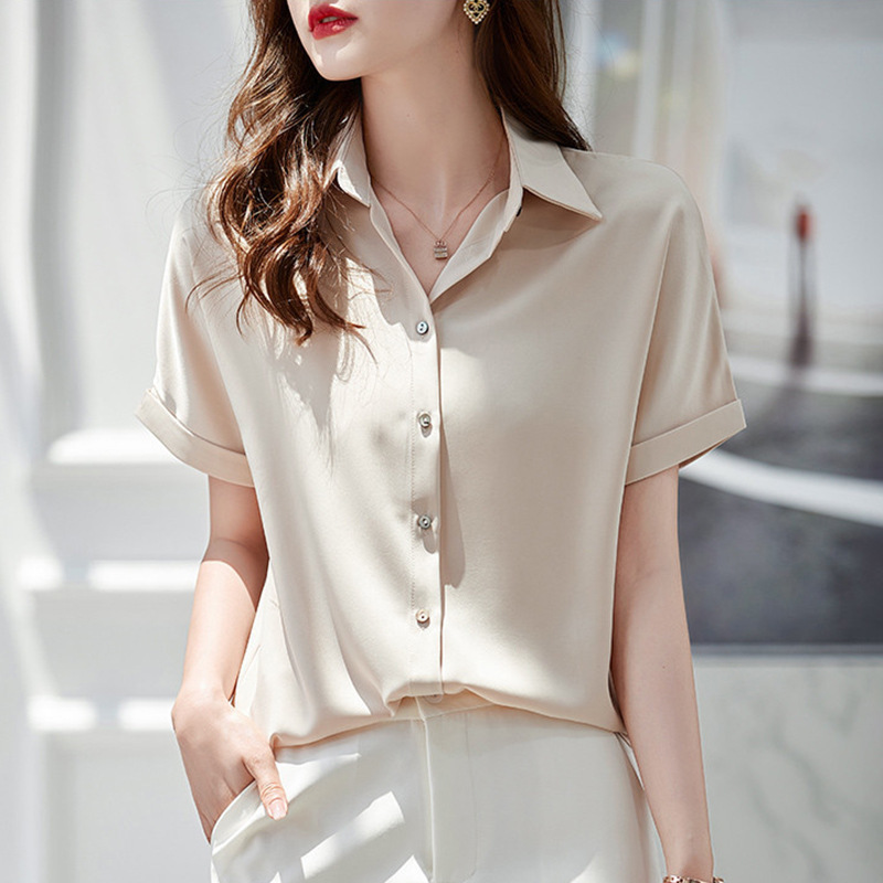 White Satin Short-sleeved Shirt Women's Summer Dress Polo Professional High-end Elegant Satin Top Commuter Interview Shirt
