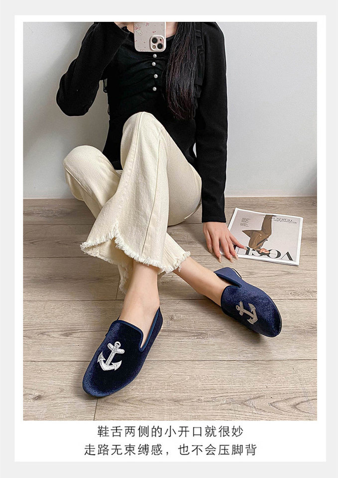 Giày lười nữ mũi tròn thêu tinh xảo chất liệu nhung, đế bằng mềm — Màu xanh lam (mặt trời và mặt trăng), Màu xanh lá, Màu đỏ (con voi), Xanh hải quân chi tiết 17