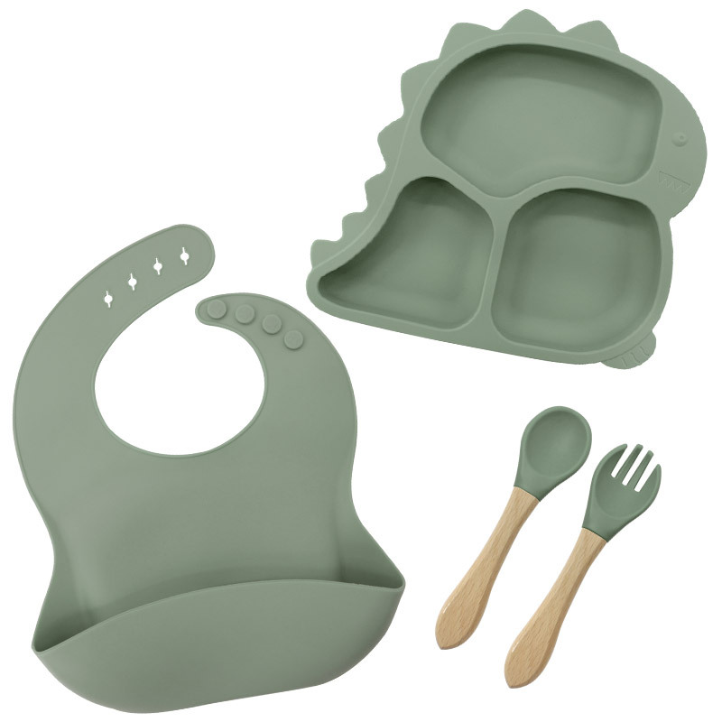카키 4 피스 320g (턱받이 + 공룡 접시 + 나무 포크 스푼)