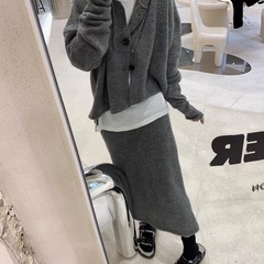 时尚套装女秋冬慵懒风松弛感宽松连帽针织开衫+高腰半身裙两件套