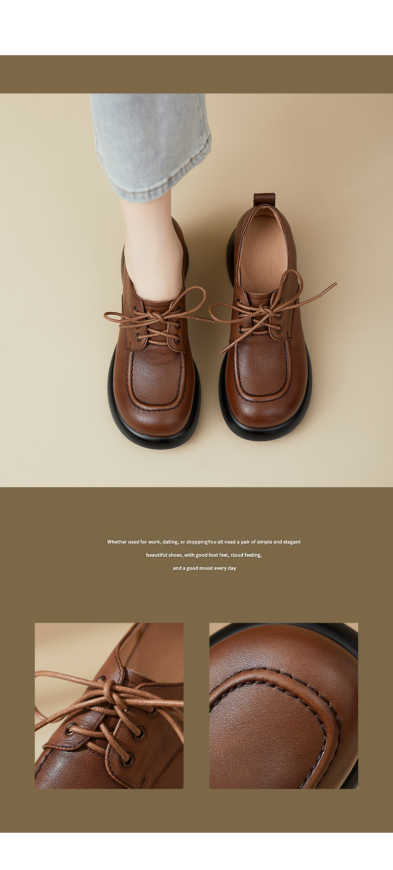 Giày loafer nữ dây buộc phong cách Anh, gót vuông 5,5 cm, mũi sâu, đế dày — màu nâu chi tiết 7