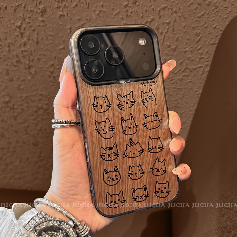 Suitable for Apple 17 Mobile Phone Case, High-End Niche Iphone16Promax Couple Model 15 Wooden Texture Cat