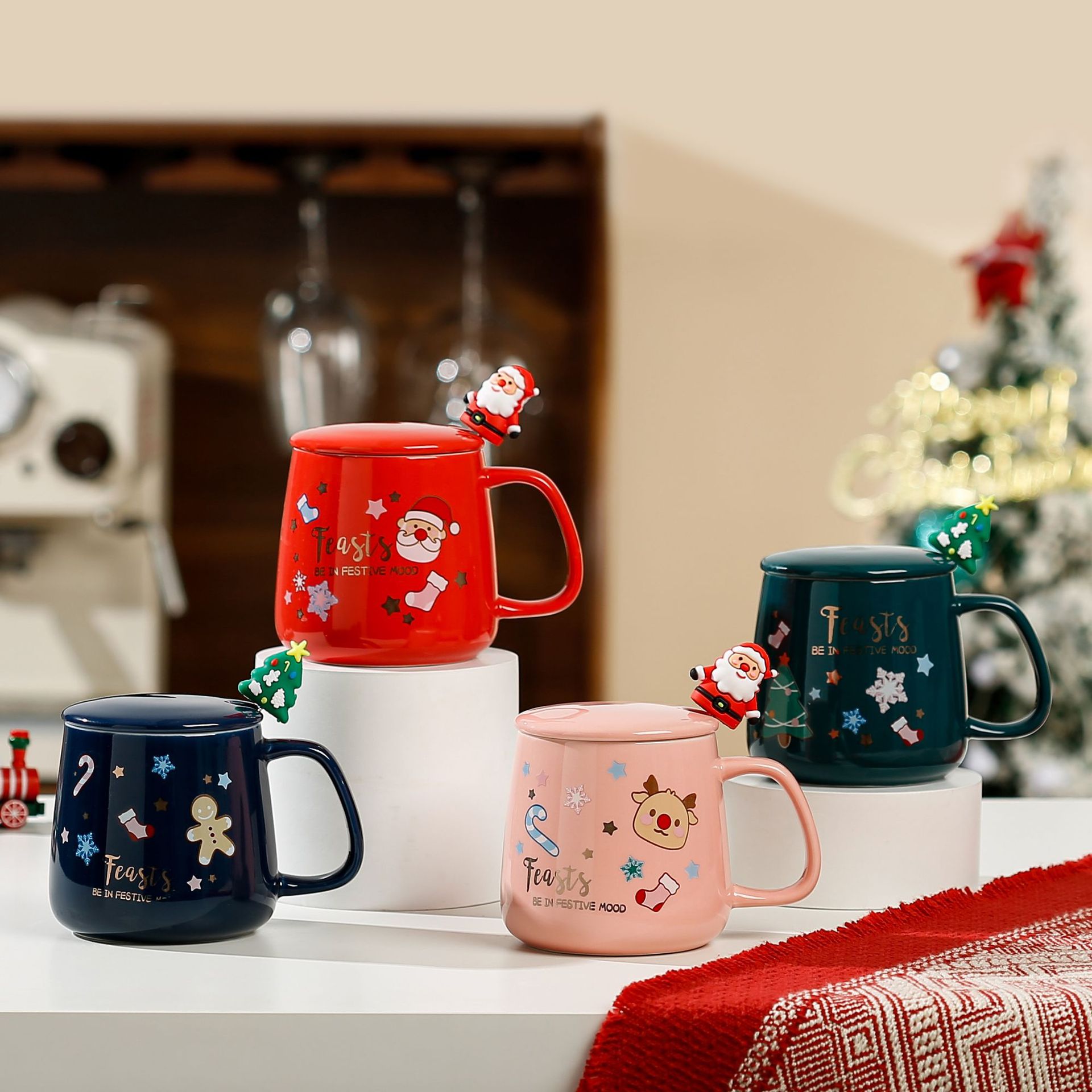 Juego de Tazas de Cerámica con Tapa y Cuchara, Taza para Agua, Regalo de Navidad, Recuerdo, Edición Limitada de Navidad