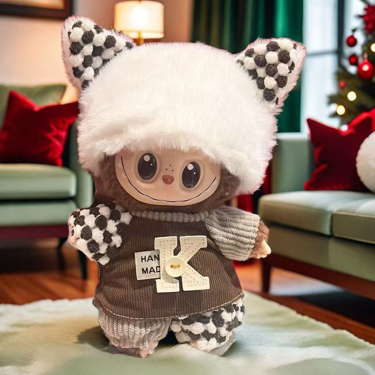 Nuevo conjunto de ropa y gorro de peluche con cara de "Sugar Glue" para muñecas, colgante de peluche, juguete Labuba, amuleto para bolso.