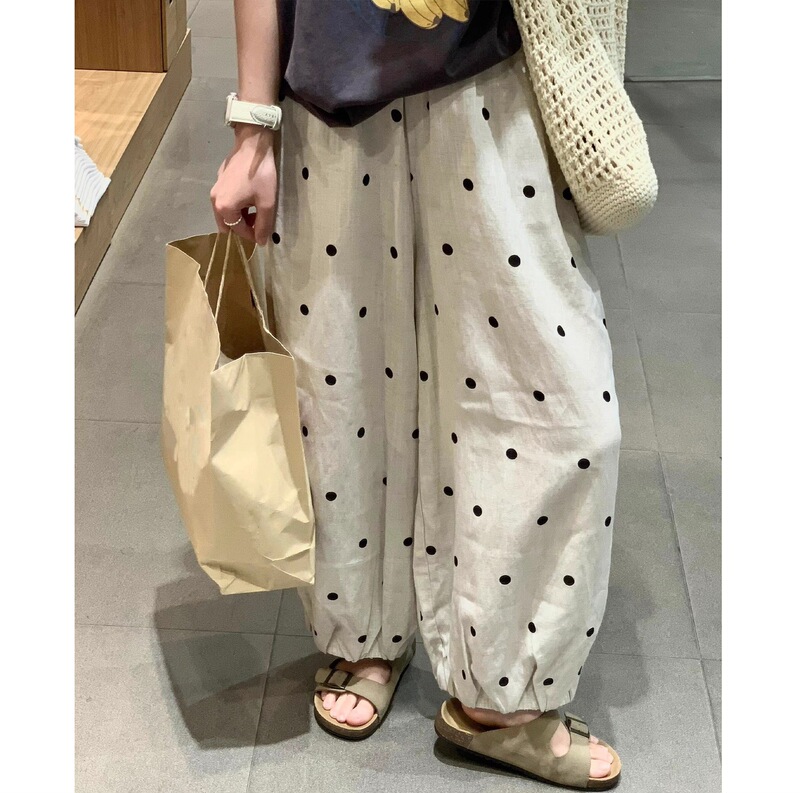 Highly Recommended! Japanese-Style Tencel Linen Polka Dot Lantern Pants for Women, High-Waisted, Loose, Cuffed, Floral, Cropped Pants for Summer