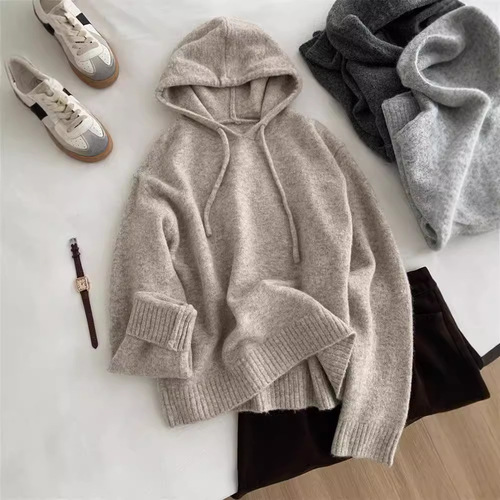 Lazy khaki hoodie for women loose Korean style warm versatile pullover wool sweater autumn and winter sweater