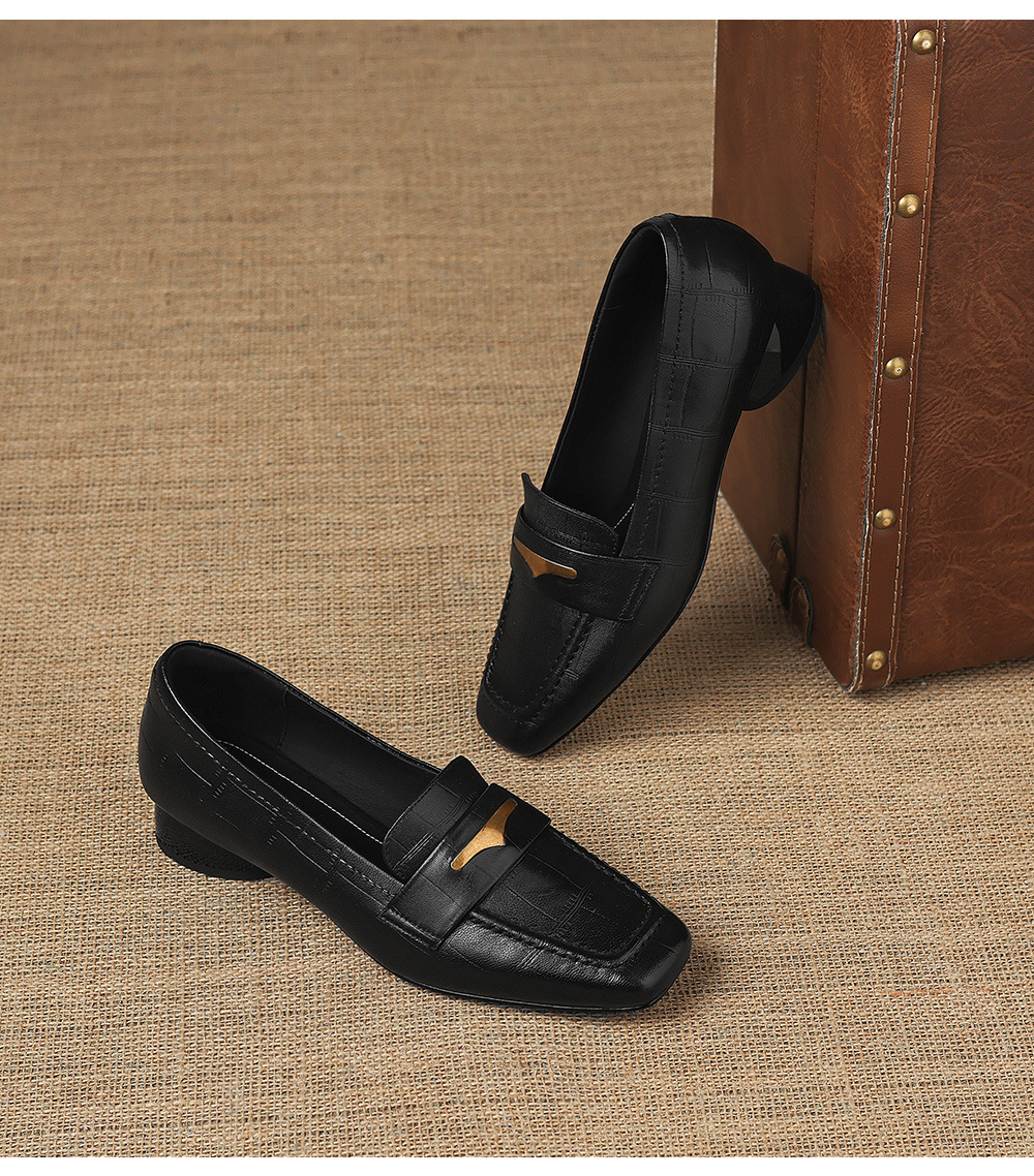 Giày loafer nữ da dê mũi vuông gót thấp kiểu cổ điển — đen chi tiết 17