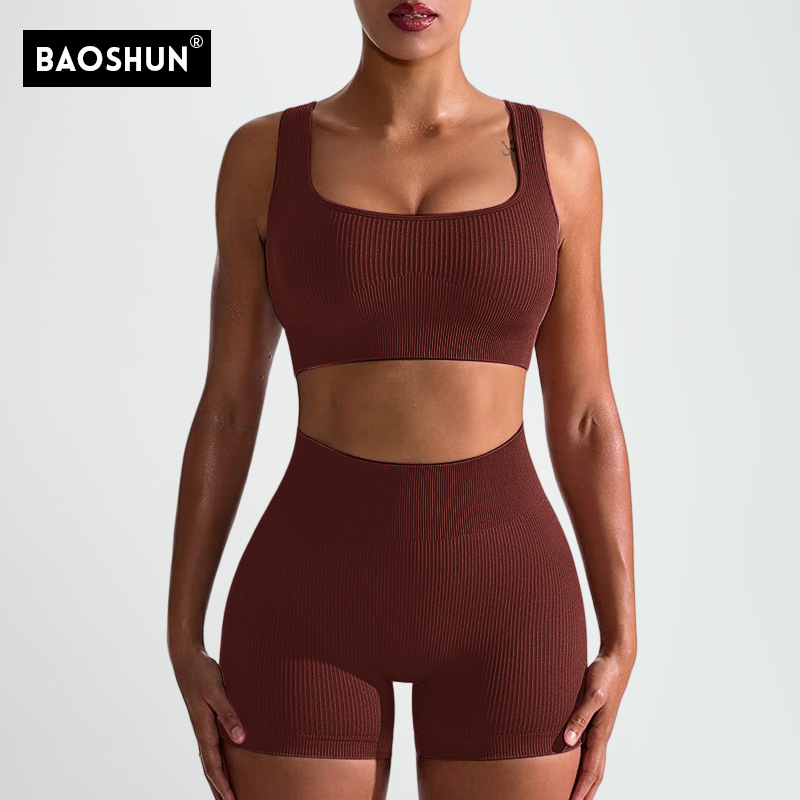 European and American Cross-border Seamless Threaded Vest Sports suit Belly-tight Hip-lifting Pants Yoga Clothing suit Outdoor Leisure Customization