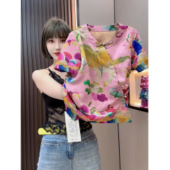 2025 夏の新スタイル中国風のボタンデザイン中国風プリントスリムラウンドネック斜め前立て人気の女性のための半袖シャツ