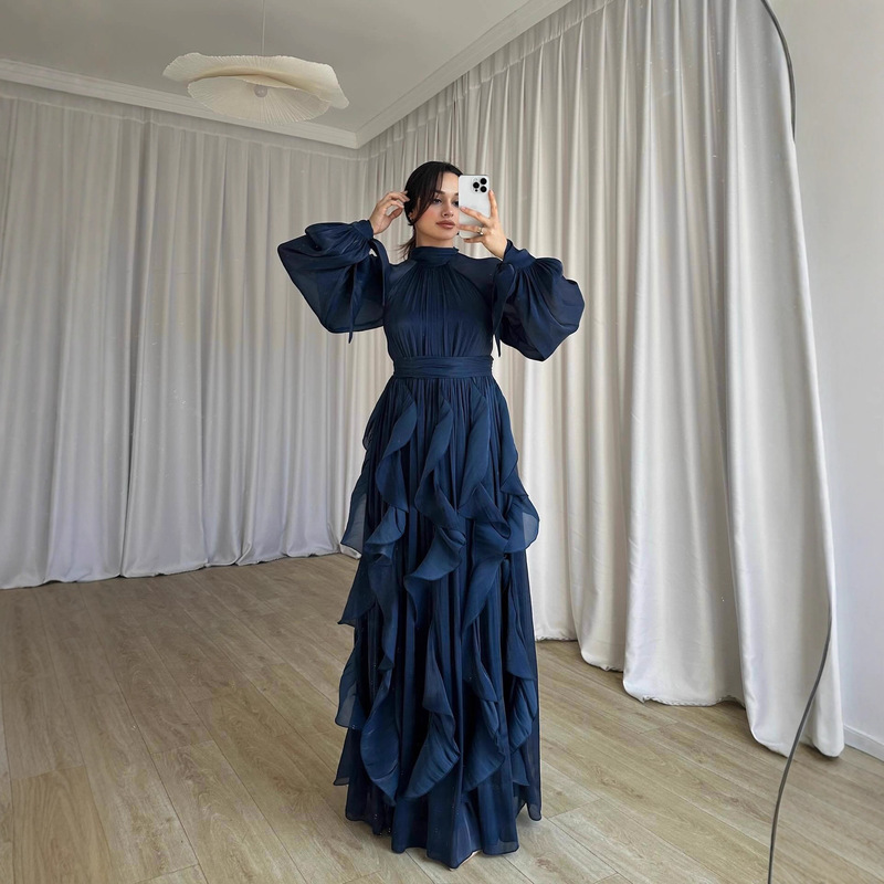 Cross-Border European and American Export Women's Clothing 2025 Autumn New Long-Sleeved Waist Ruffled Elegant Retro Waist Long Dress