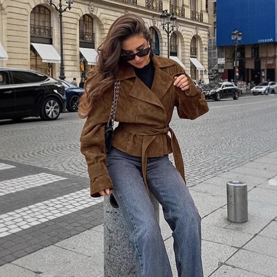 Waist-Cinching Tie-Waist Coat for Women 2025 Autumn and Winter New Style Commuter Brown Suit Collar Coat for Women High-End Coat