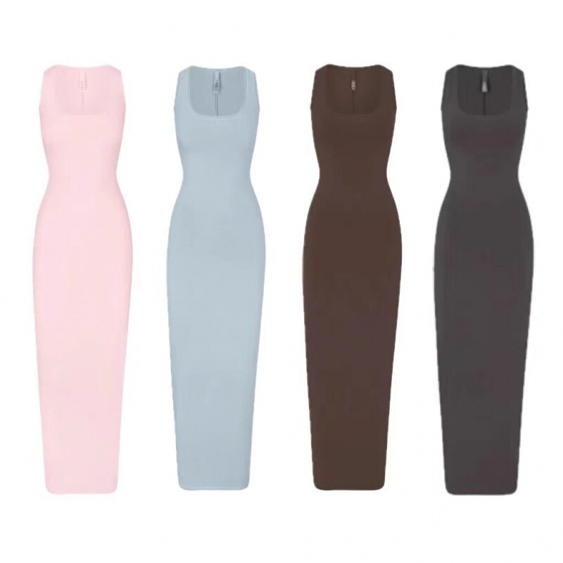 Skims Kardashian New Vintage Long New Vintage Slit U-Neck Tank Top Long Dress
