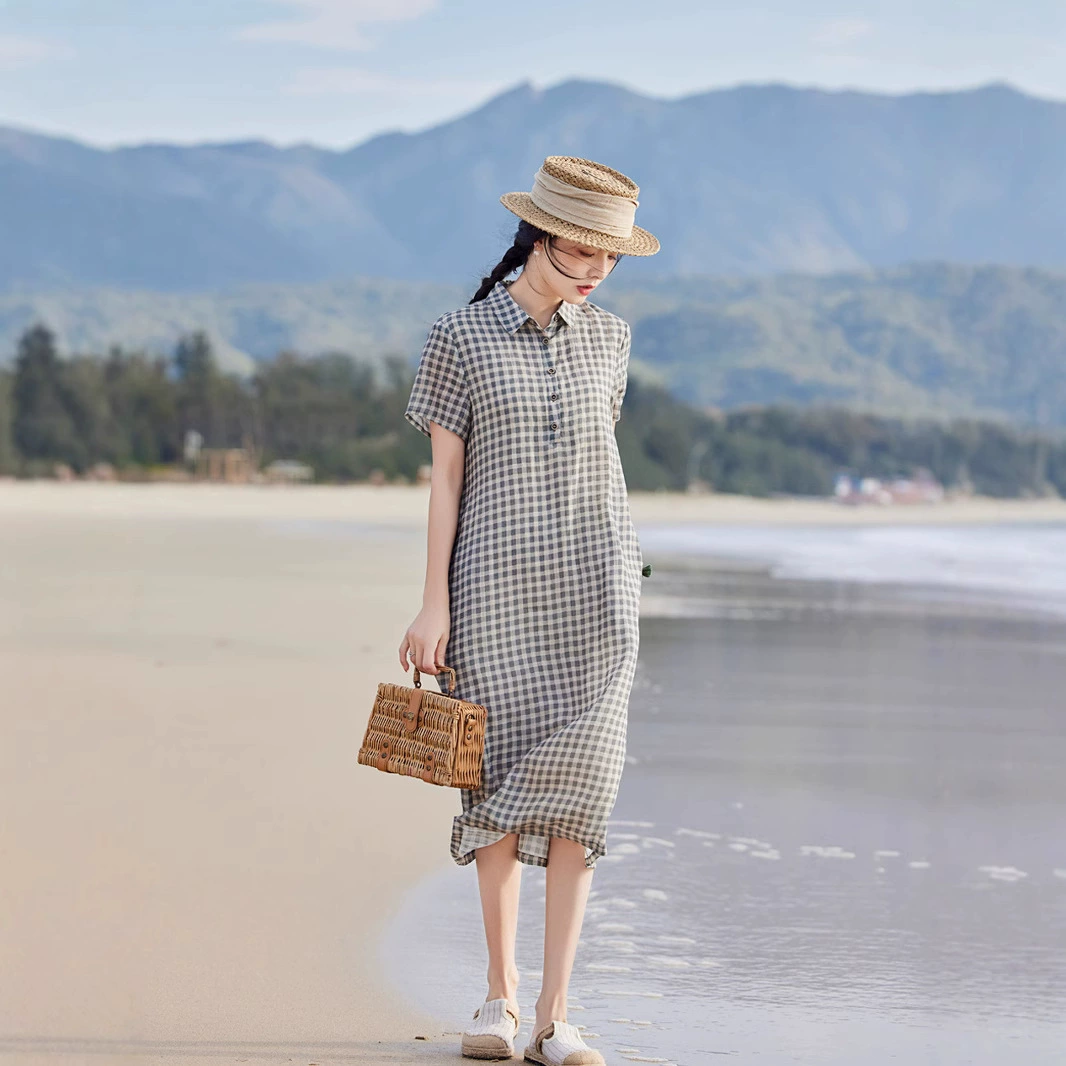 2025 новый реальный выстрел спот литературное платье рамы в клетку с короткими рукавами