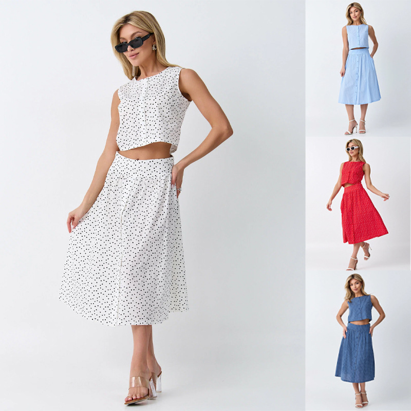 2026 New Cross-Border Summer Fashion Vacation Style Polka Dot Suit for Women, Sleeveless Crop Top and High-Waisted Skirt Two-Piece Set