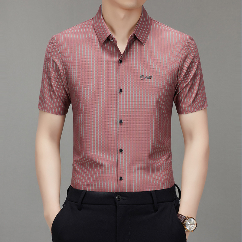 Popular Short-Sleeved Shirts for Live Streaming, Men's Summer New Style, Seamless Vertical Stripes, Middle-Aged Men's Half-Sleeve Shirts