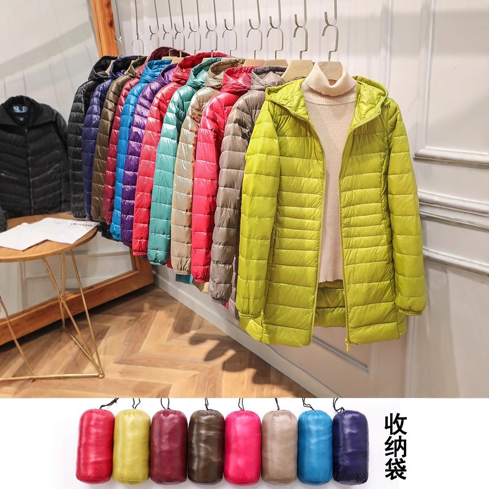 跨境女秋冬季轻薄款羽绒服2025中长款新款修身大码连帽百搭外套爆