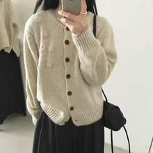 韩系圆领立体小花刺绣针织开衫女2025秋冬季新款宽松甜美毛衣外套