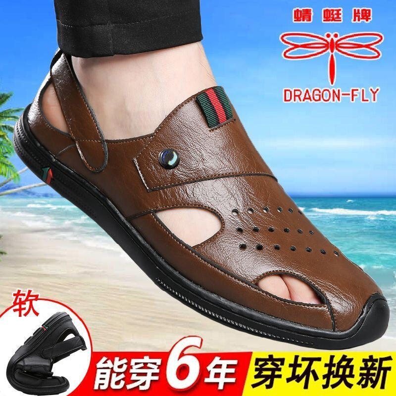 Dragonfly Brand Men's Sandals, Summer Genuine Leather Breathable Closed-Toe Perforated Shoes, Soft Sole Casual Driving Hollow-Out Leather Shoes for Men
