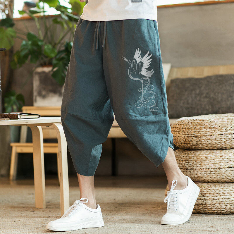 Chinese Style Summer Thin Cotton and Linen Cropped Pants for Men, Retro Loose Bloomers, Large Size Harem Pants, Embroidered Beach Pants