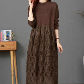 恒源祥羊毛衫女秋冬过膝中长款连衣裙中年妈妈宽松蕾丝针织毛衣裙