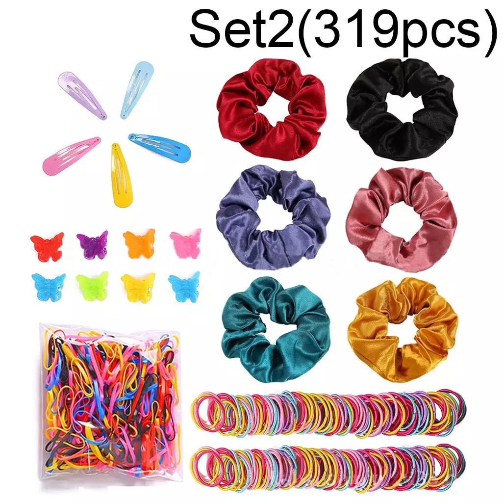 Accesorios para el cabello combinación traje banda de goma horquilla simple cuerda de pelo femenino satén color sólido cerdo intestino grueso anillo de pelo tocado de mariposa