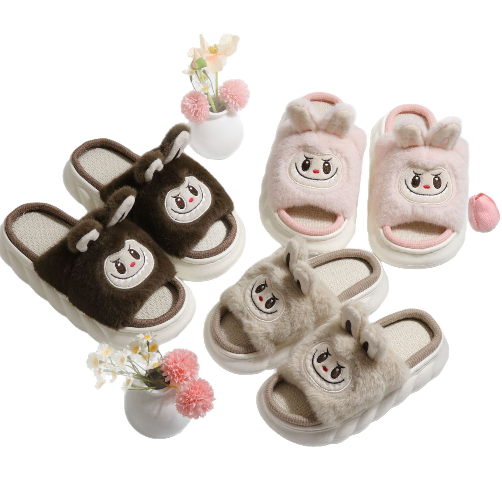 Labubu labubu nuevas zapatillas de lino de dibujos animados para mujer otoño e invierno