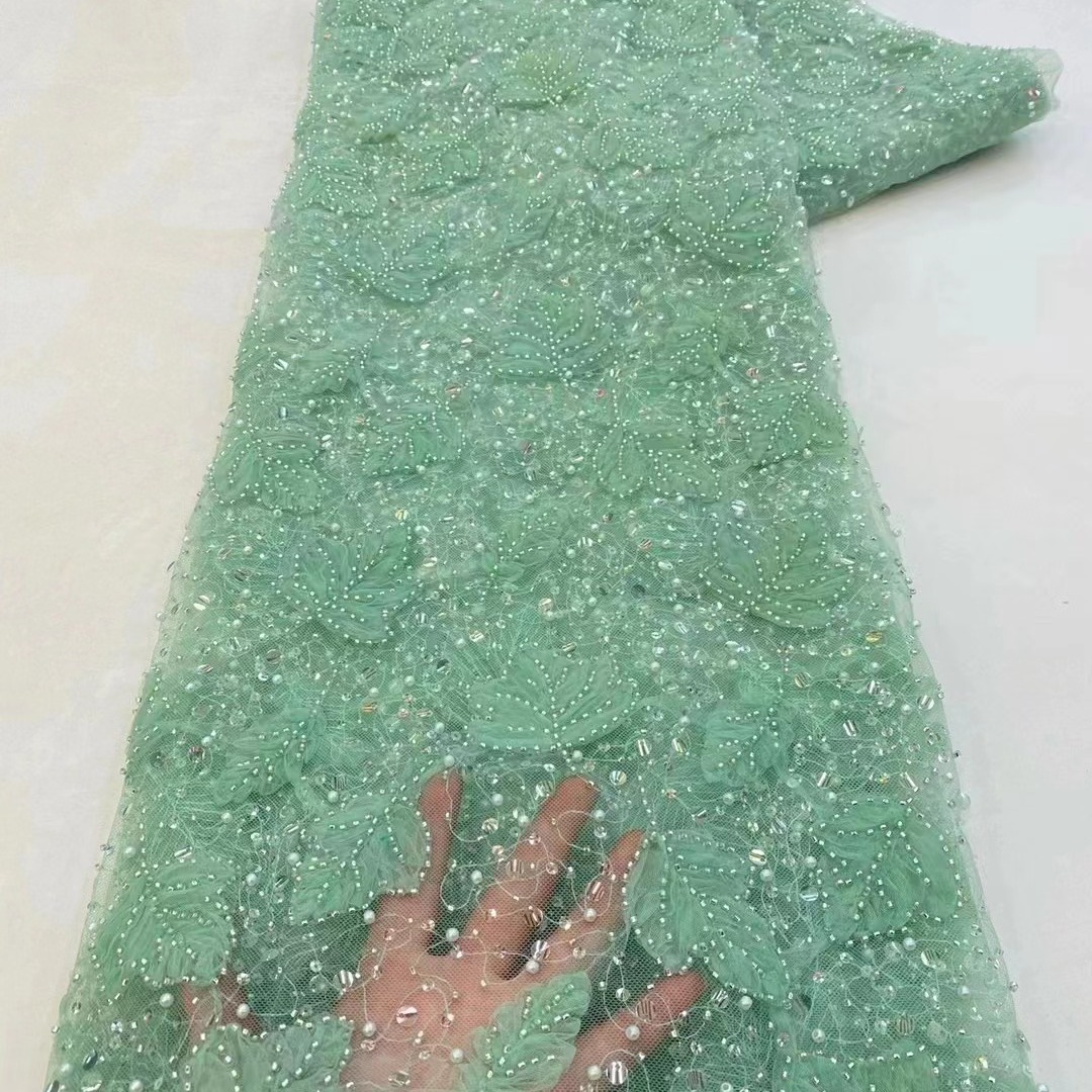 Hojas tridimensionales bordadas tela de malla bordada vestido de boda vestido