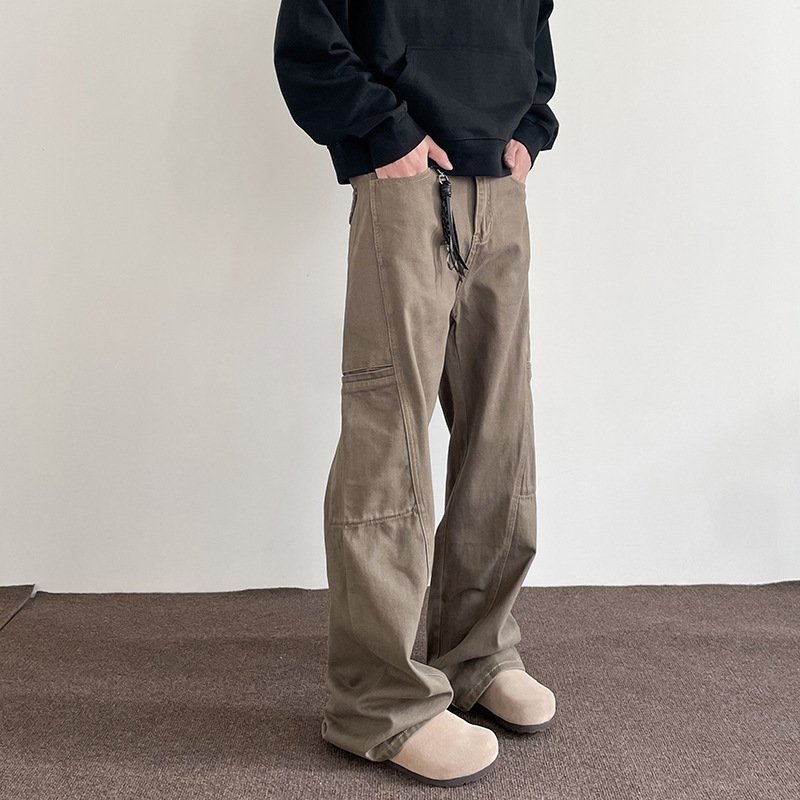 2024 Popular American Style Retro Maillard Brown Multi-Pocket Tooling Jeans Men's High Street Straight Micro-Pants