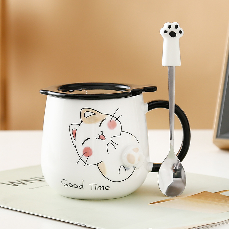 Taza de gato Mark con tapa Cuchara Taza de agua de cerámica Taza de pareja de dibujos animados de cerámica para hombres y mujeres Taza de desayuno de café de oficina