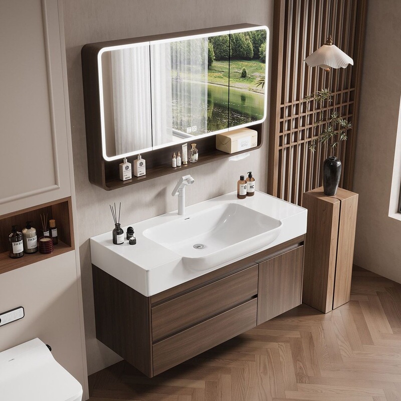 Vintage-style walnut wood honeycomb aluminum bathroom cabinet with ceramic integrated basin, 40cm wide bathroom cabinet, washstand, bathroom cabinet Vintage-style walnut wood honeycomb aluminum bathroom cabinet with ceramic integrated basin, 40cm wide bathroom cabinet, washstand, bathroom cabinet